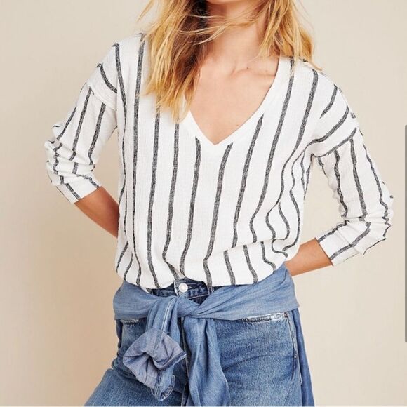 Anthropologie Willa Textured Striped V Neck Top White Black - Picture 8 of 8